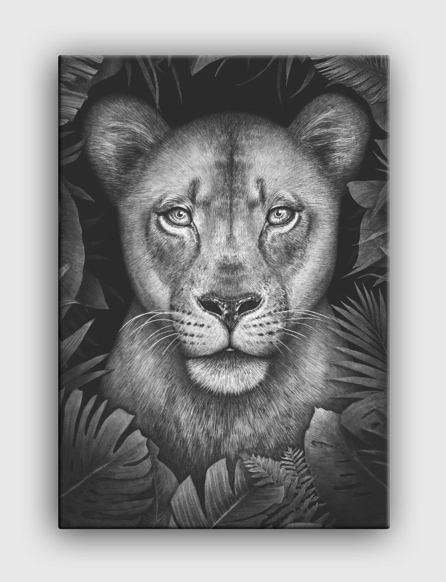 Lioness in tropical leaves
