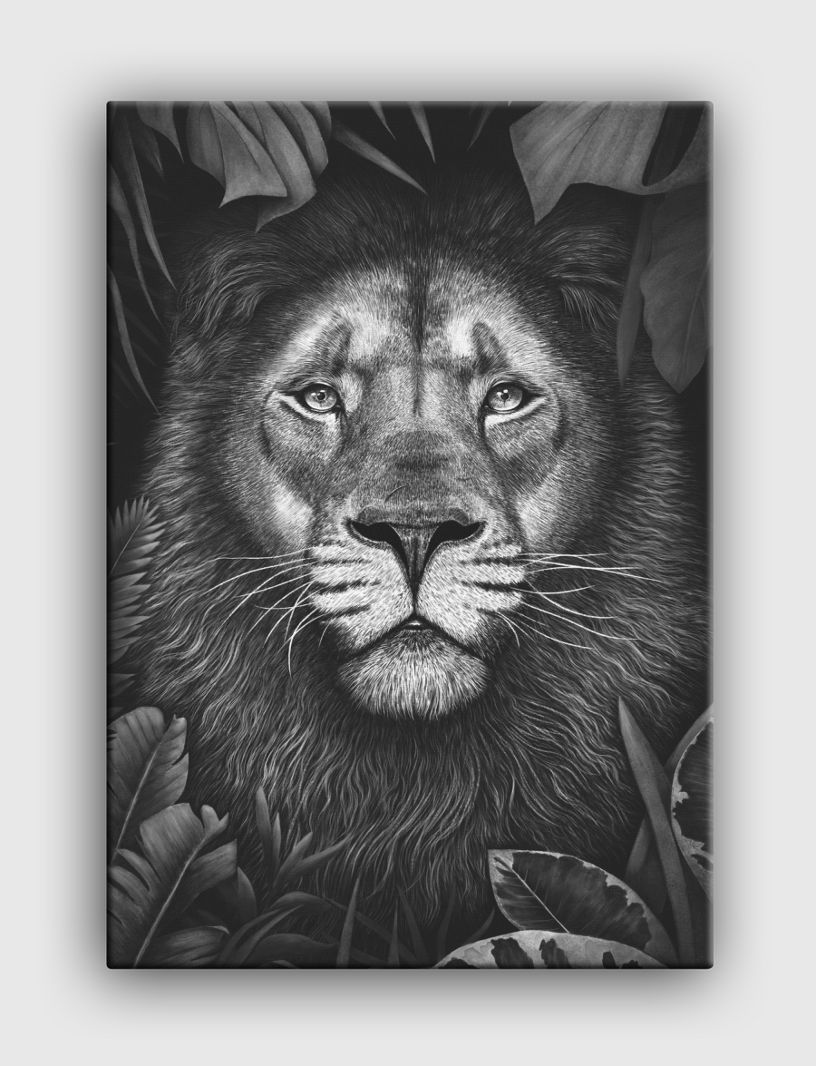 Lion in tropical leaves