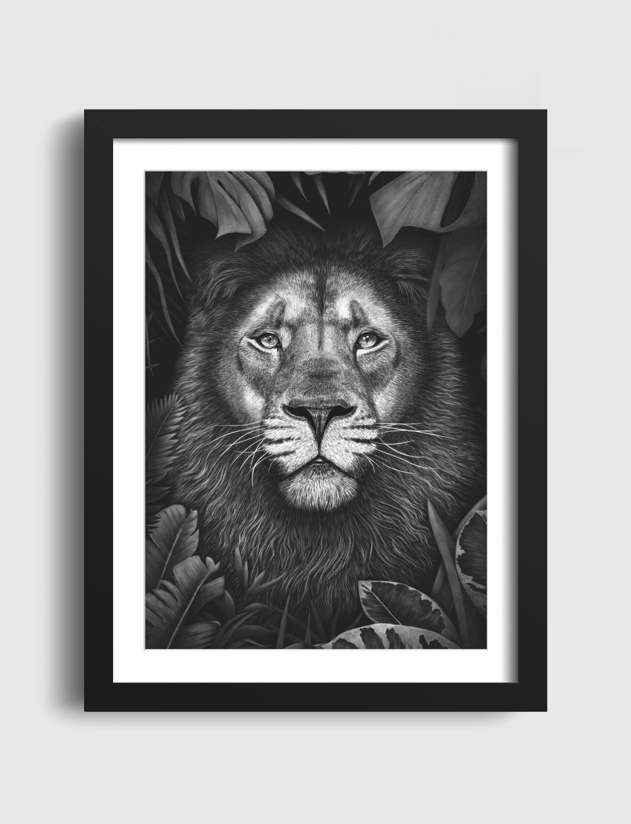 Lion in tropical leaves